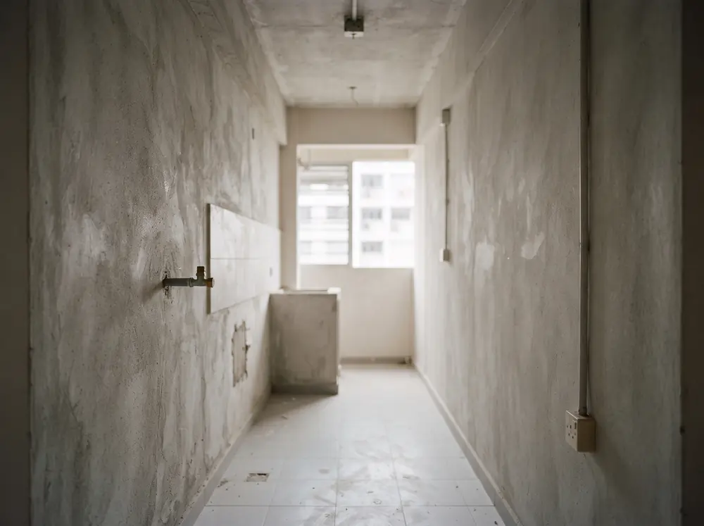 A narrow galley kitchen shell in a 2-room BTO flat, bare walls and a capped water inlet