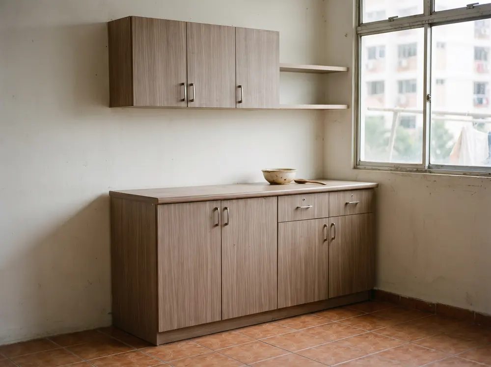 A short run of laminate carpentry carcasses against a bare wall