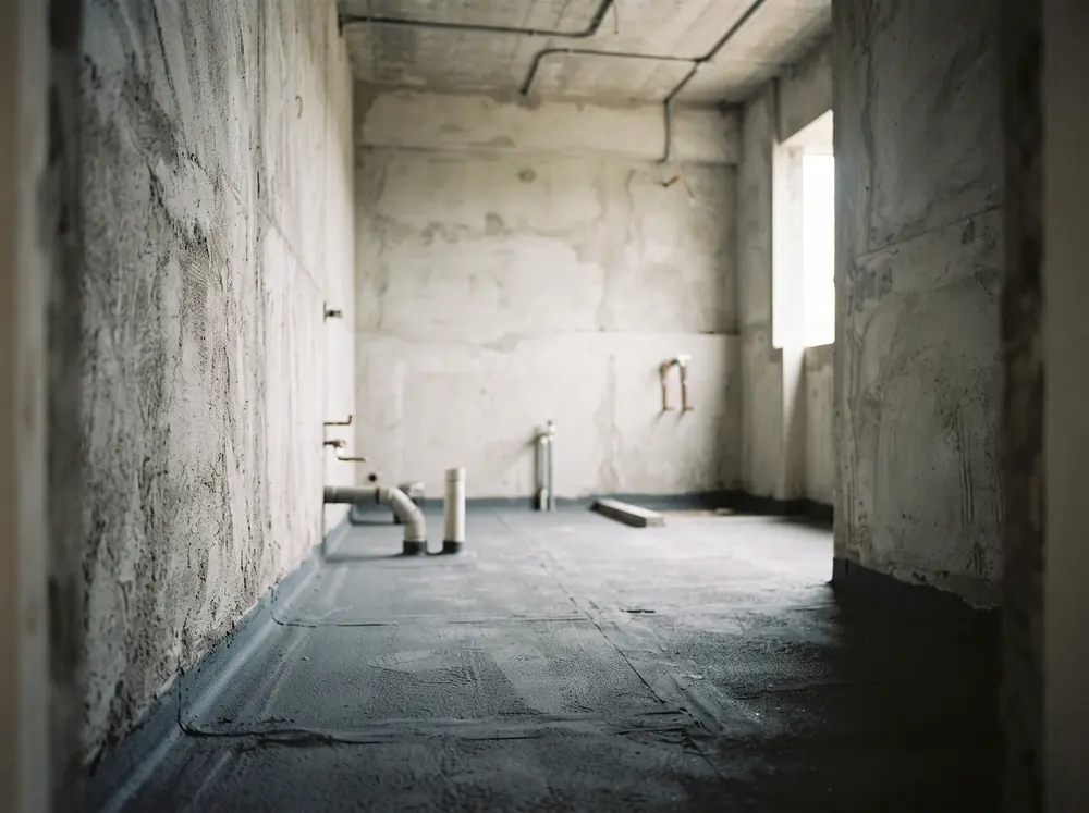 A bare bathroom shell with waterproofing membrane visible on the floor