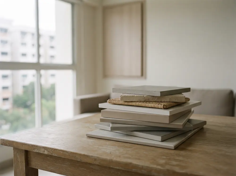 A stack of unmarked material sample boards on a pale table
