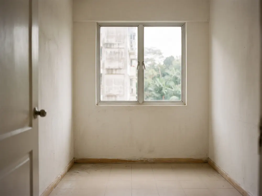A small empty bedroom with a window and bare plastered walls