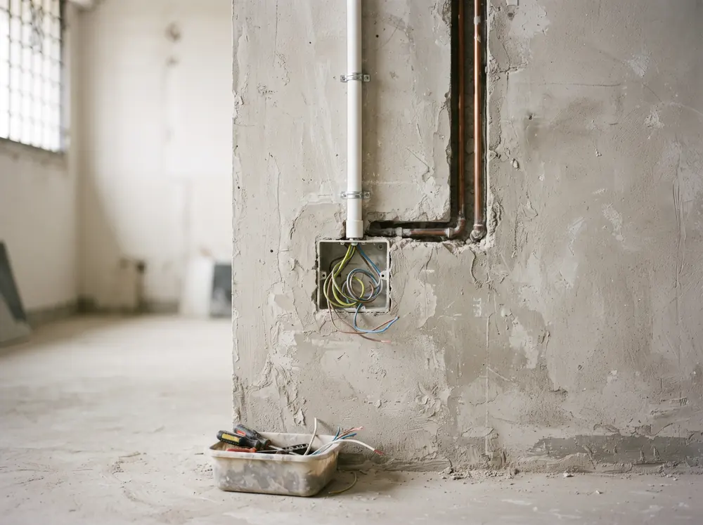 An open electrical back box and a run of surface conduit on an untreated wall