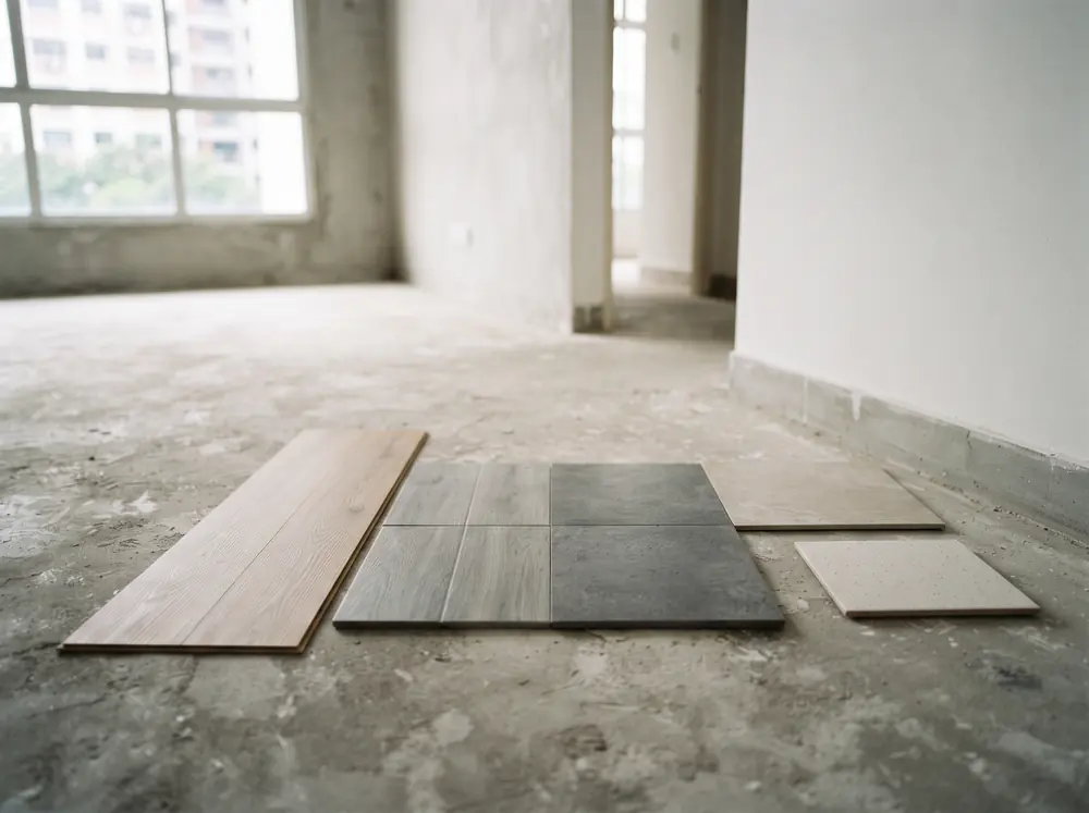 Four floor tile samples and a strip of vinyl plank laid side by side on bare screed