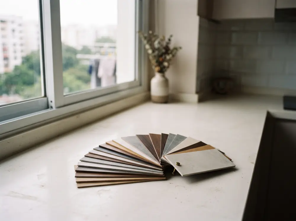 Laminate and veneer swatches fanned on a pale bench