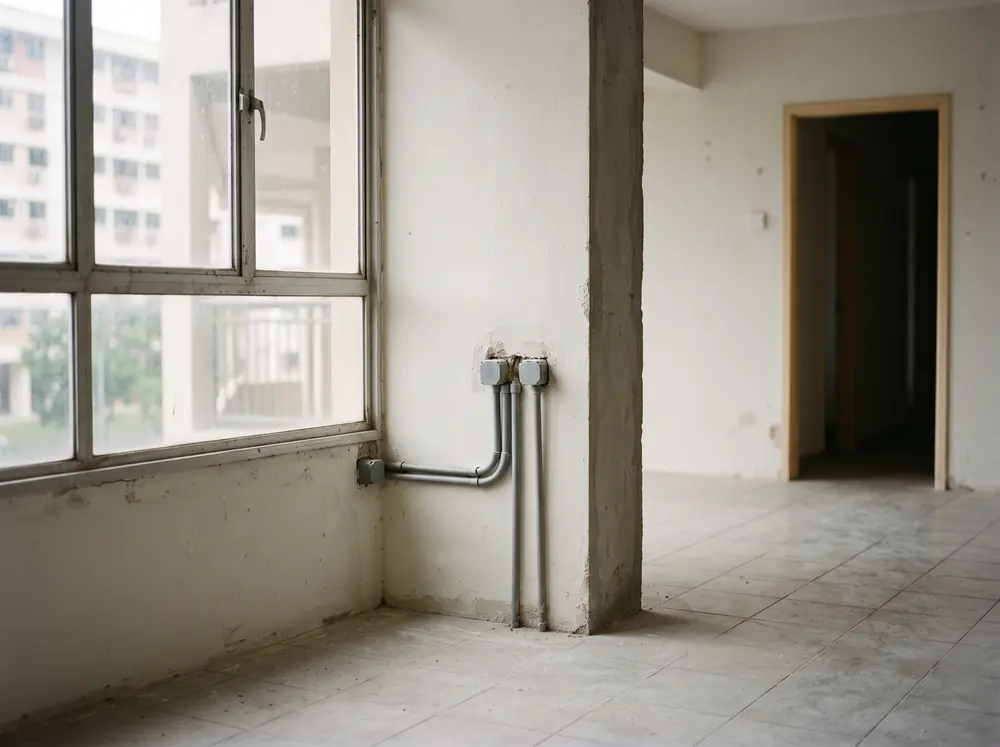 A bare living room corner with electrical conduit stubs in the wall