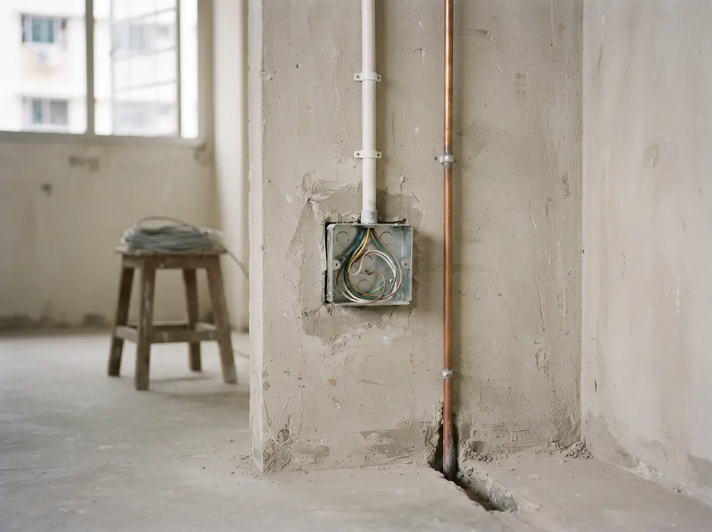 An open electrical back box and a run of surface conduit on an untreated wall