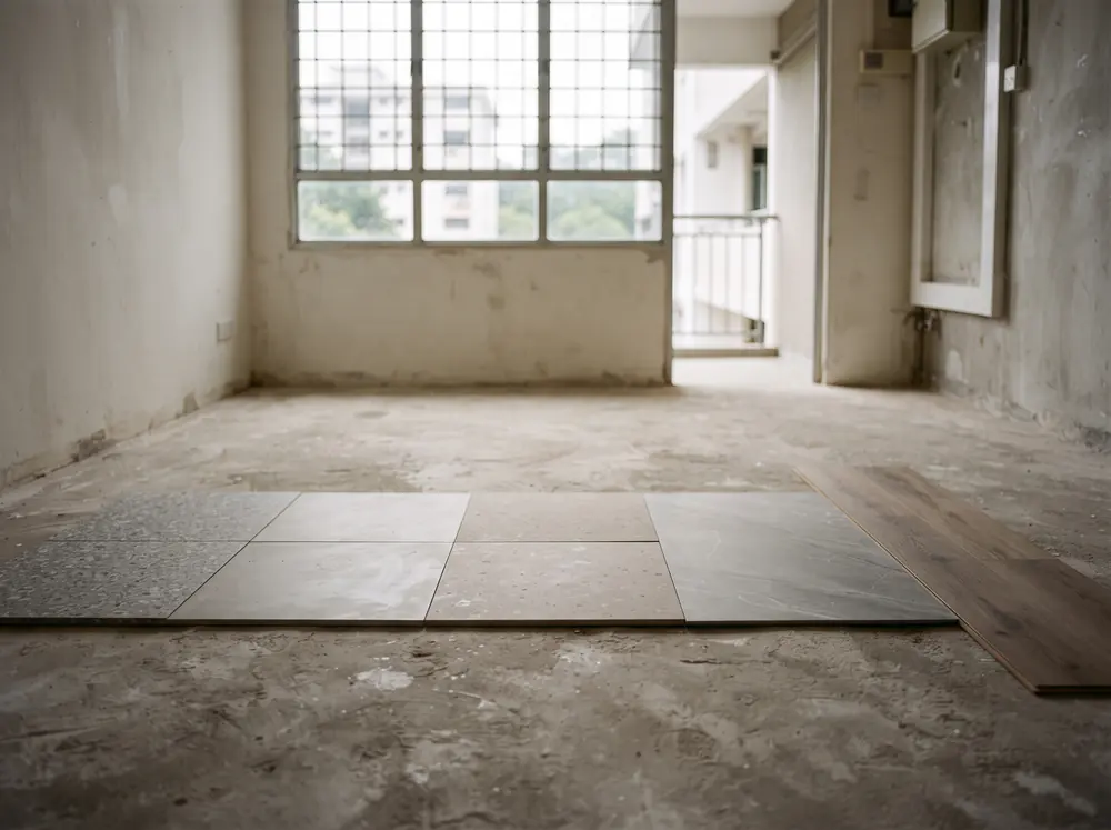 Four floor tile samples and a strip of vinyl plank laid side by side on bare screed
