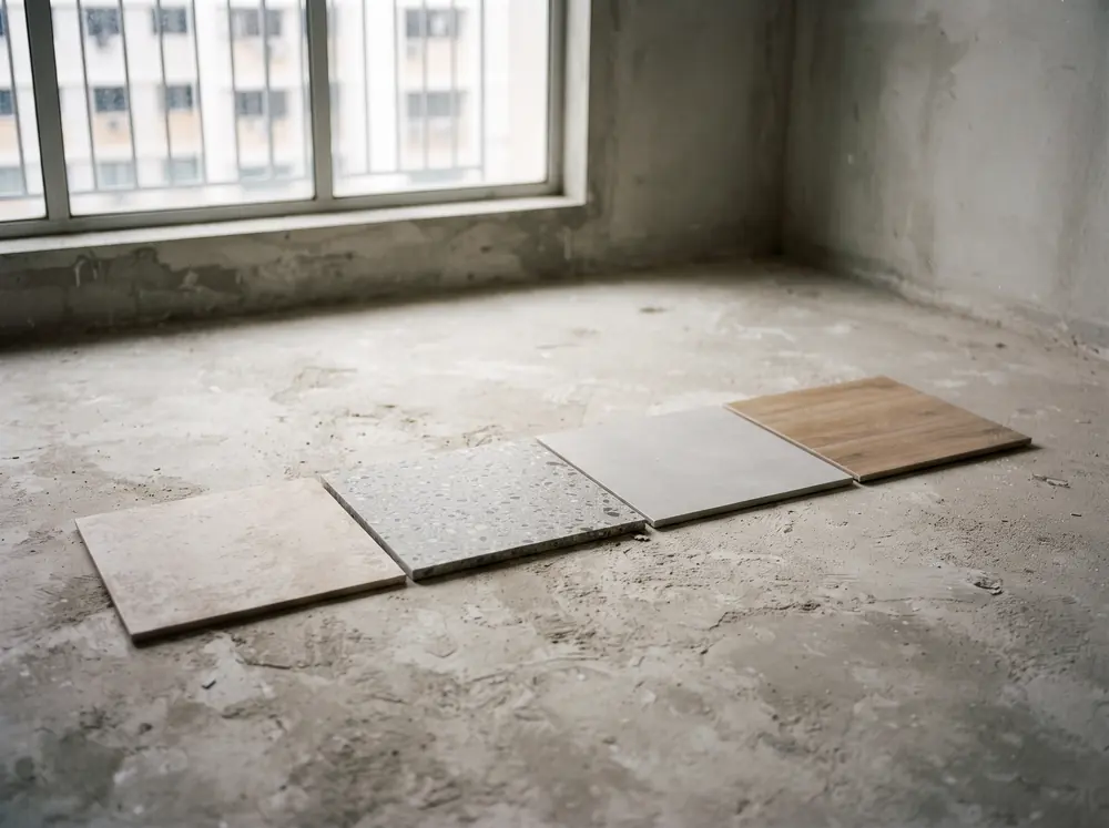 Four different floor tile samples laid side by side on bare screed
