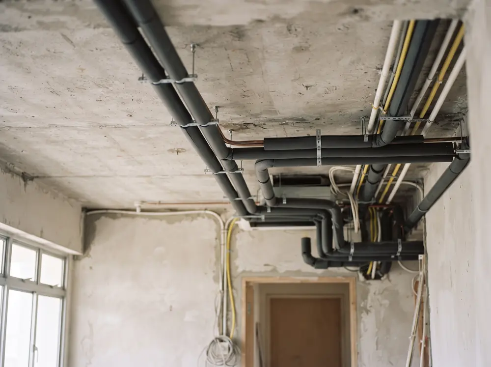A ceiling with exposed air-conditioner pipe runs before boxing up