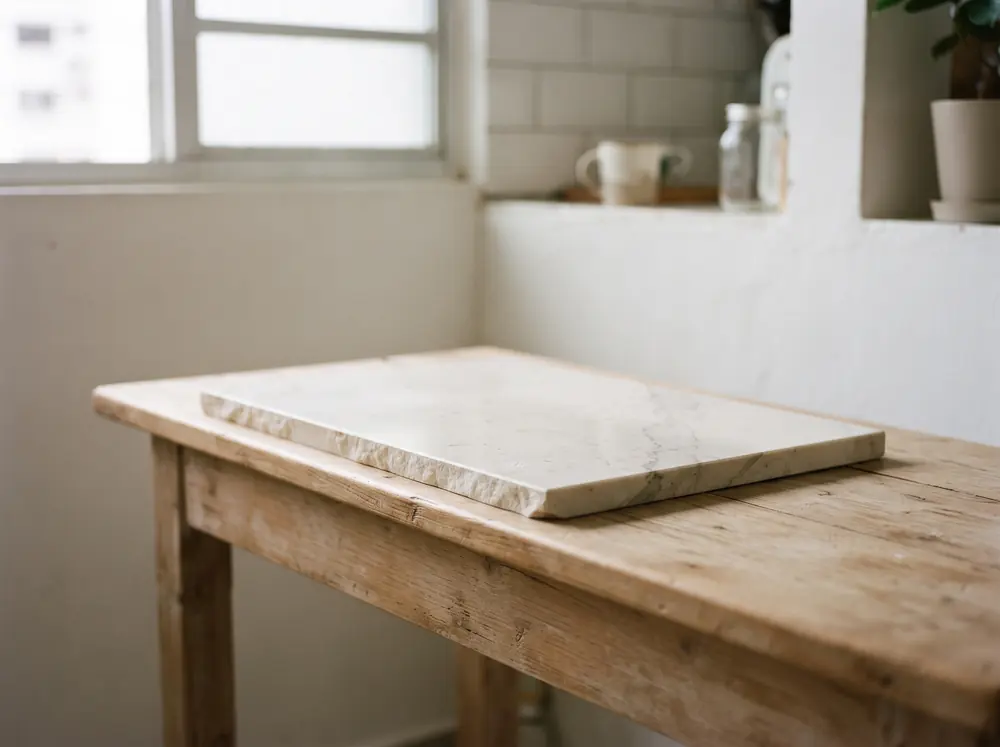 A quartz countertop offcut resting on a pale timber bench