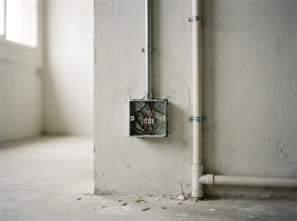 An open electrical back box and a run of surface conduit on an untreated wall