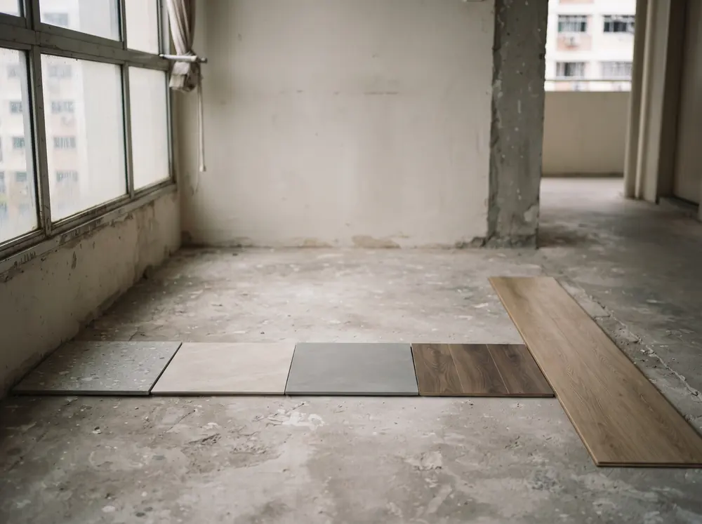 Four floor tile samples and a strip of vinyl plank laid side by side on bare screed