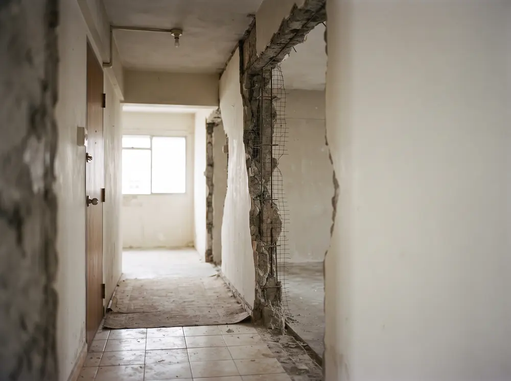 An internal apartment corridor with a partition wall part removed, edges bare