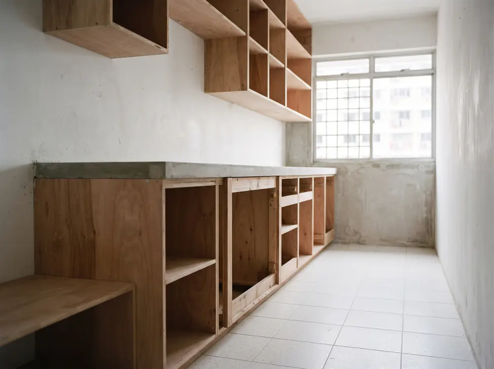 A wide run of kitchen carpentry carcasses against bare walls