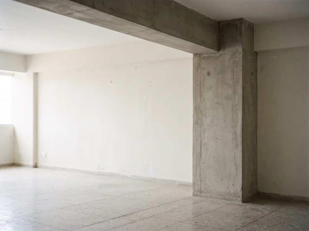 A bare structural column meeting a ceiling beam in an empty room