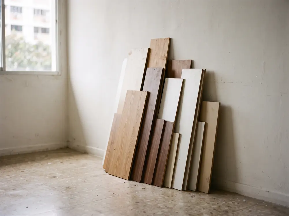 Timber veneer and laminate boards leaning against a bare wall