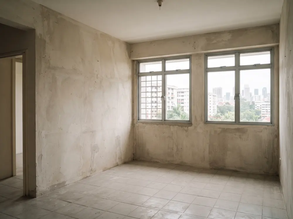 An empty large bedroom with two windows and bare plaster
