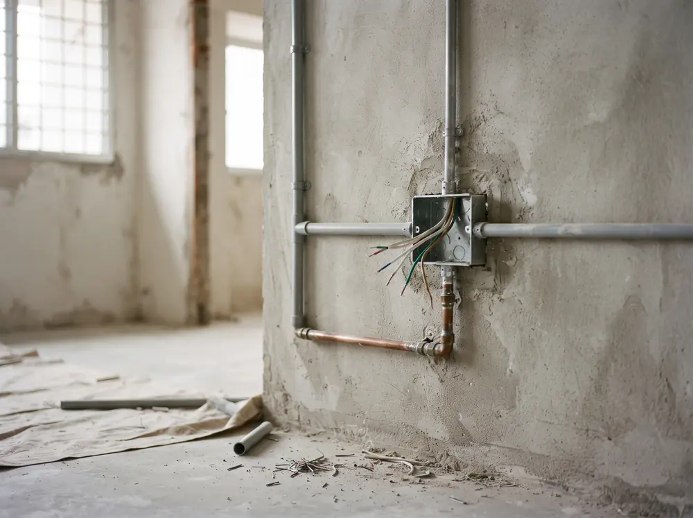 An open electrical back box and a run of surface conduit on an untreated wall