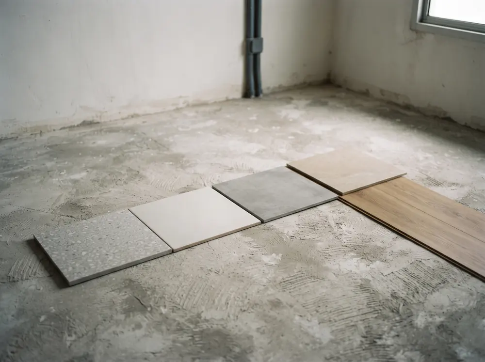 Four floor tile samples and a strip of vinyl plank laid side by side on bare screed