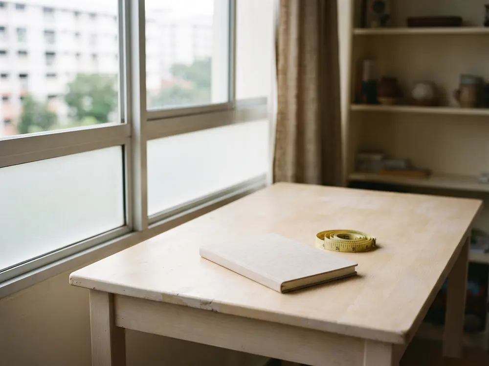 A tidy pale desk with a closed notebook and a measuring tape, window light across it