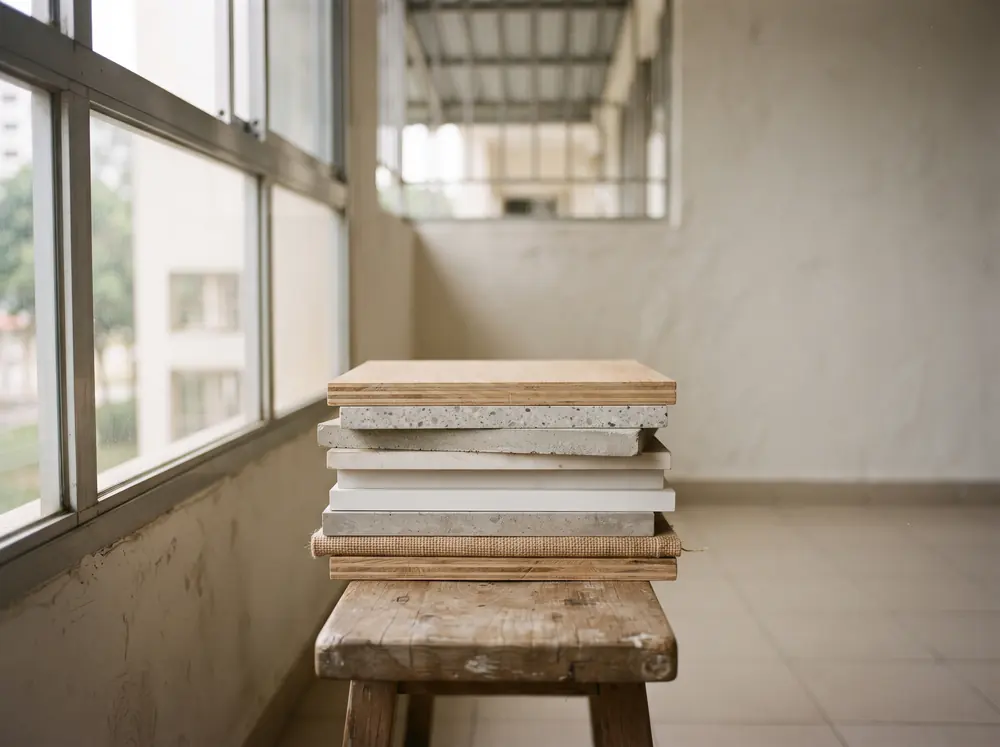 Material sample boards stacked square on a bench