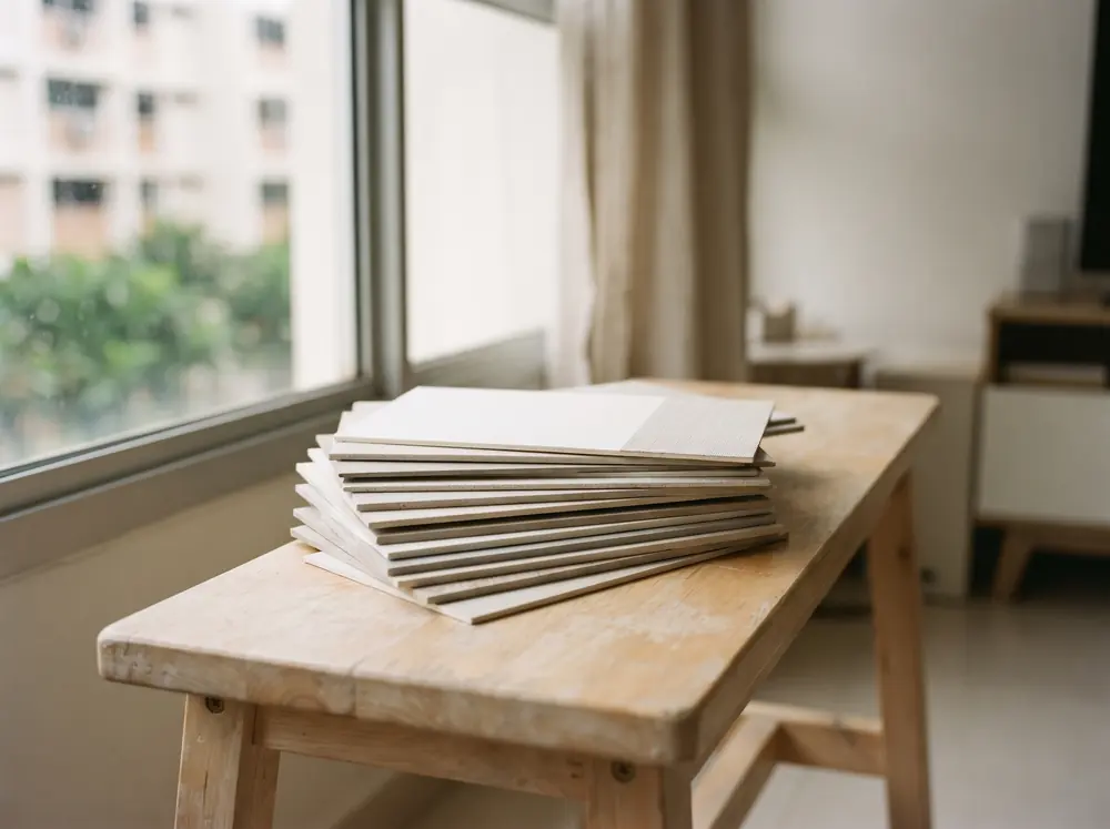 A stack of unmarked material sample cards on a bench in daylight