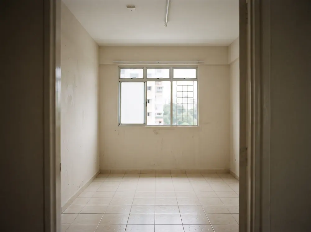An empty apartment room with bare walls, seen from the doorway