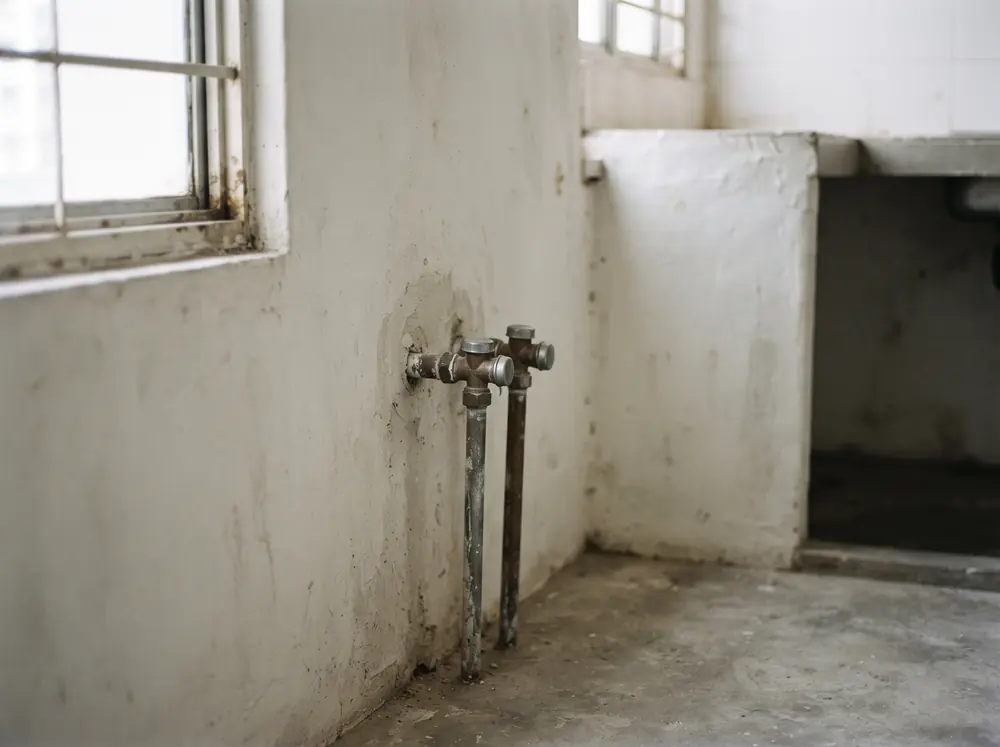 A bare kitchen wall with capped plumbing stubs