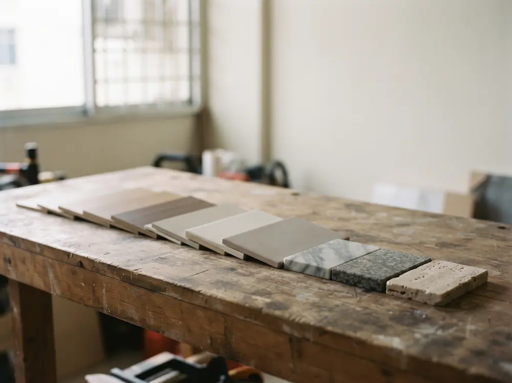 A row of graded material samples from budget laminate to stone, on a bench