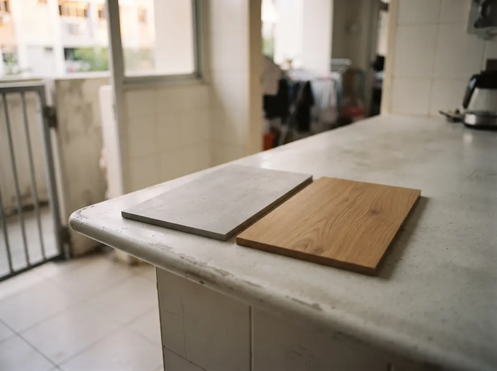 Two different laminate sample boards laid side by side on a pale table