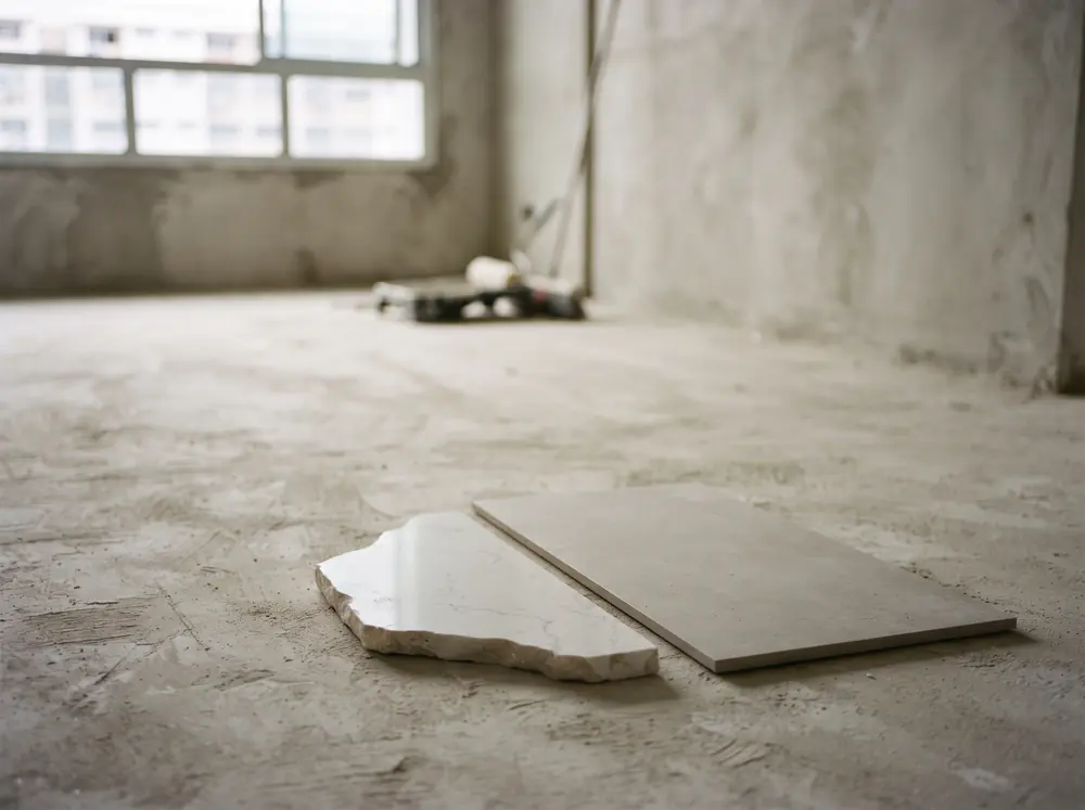 A quartz offcut and a tile sample resting on bare screed