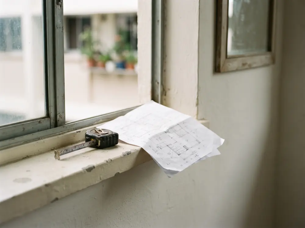 A folded flat plan and a steel measuring tape on a bare windowsill