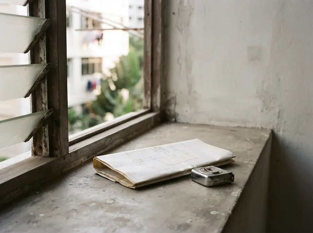 A folded flat plan and a steel measuring tape on a bare windowsill