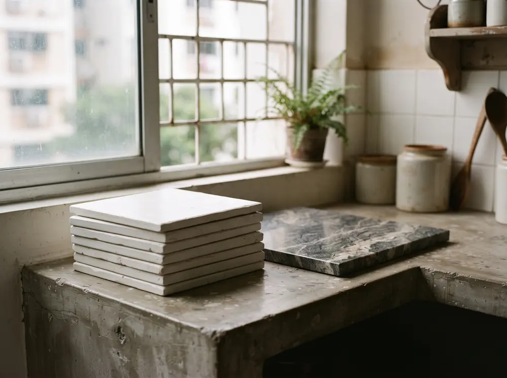 Basic white tile samples stacked beside a premium stone sample on a bench, in a bto renovation package