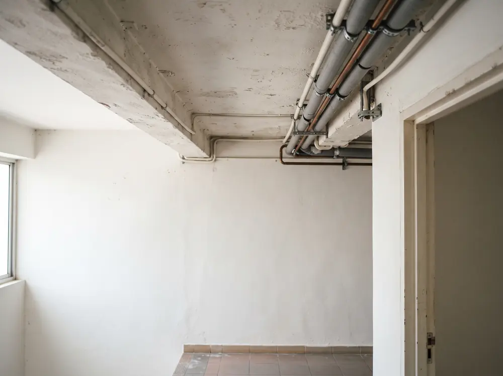 A bare ceiling with air-conditioner pipe runs and no boxing