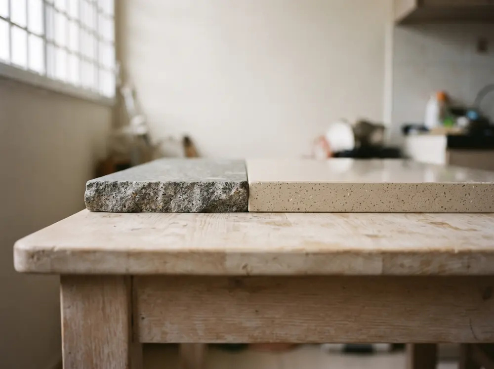 Two contrasting countertop offcuts laid edge to edge on a pale table