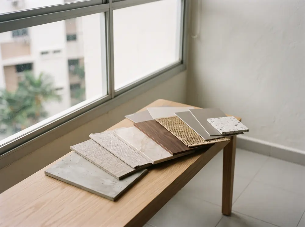 Material swatch boards fanned across a bench in window light