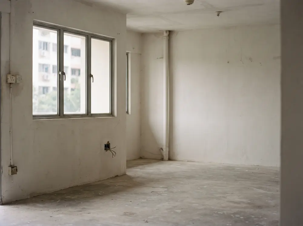 An empty flat interior with bare screed and untreated walls, daylight from one window