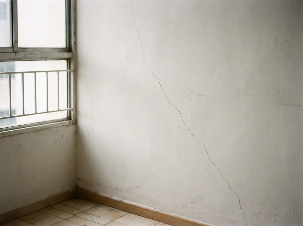 A bare wall surface with a hairline crack in the plaster, daylight raking across