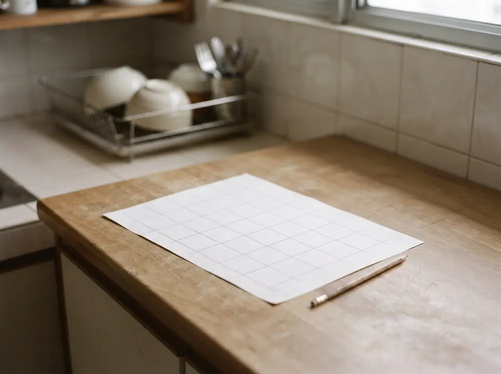 A plain grid ruled on a bench, standing in for a BTO renovation timeline week by week