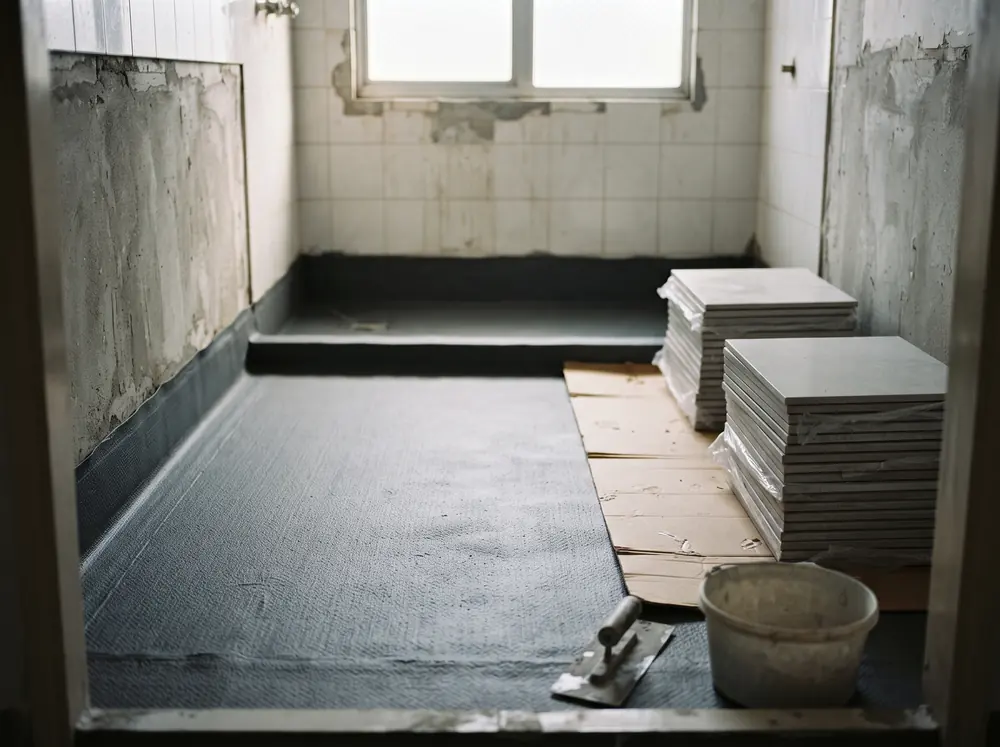 A bathroom floor with waterproofing membrane applied and tiles stacked beside it
