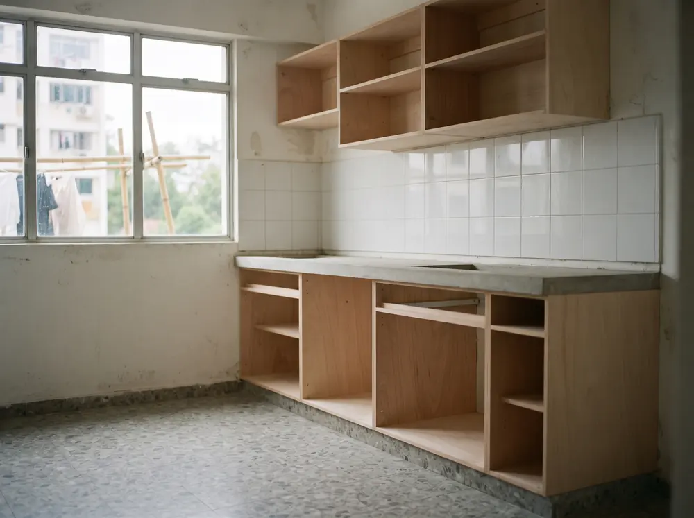 Kitchen carpentry carcasses installed but without doors