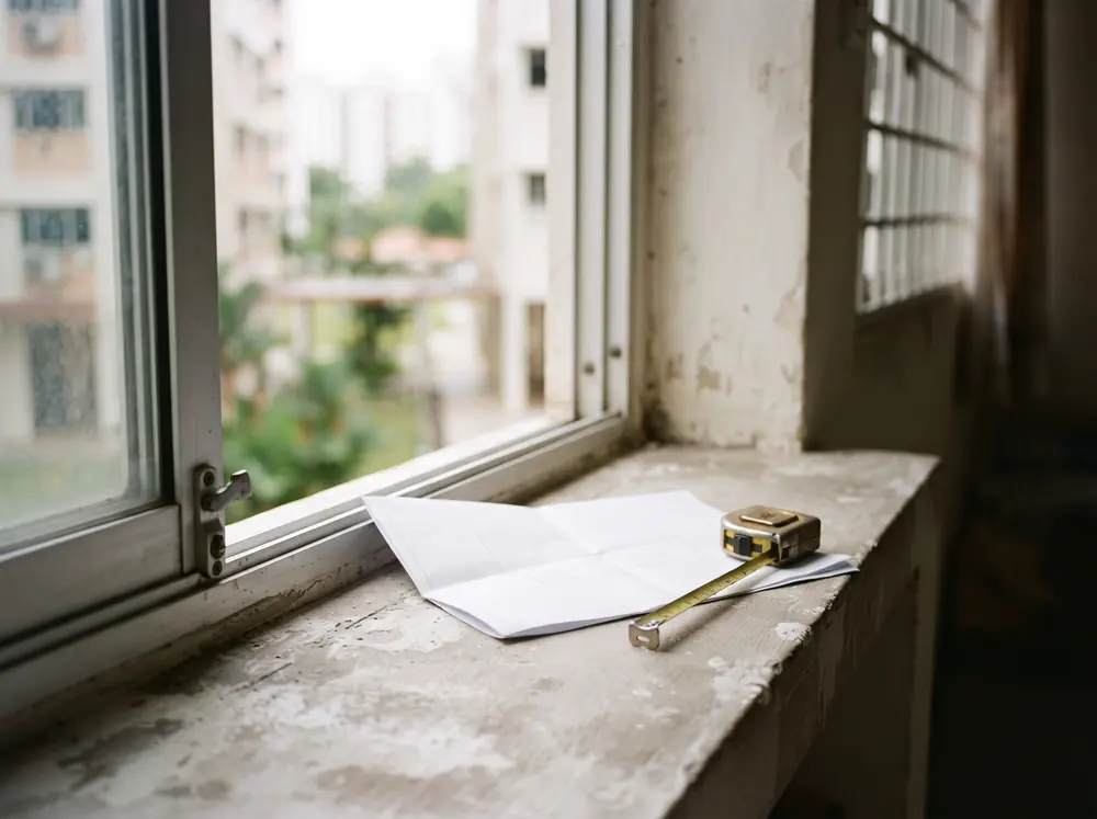 A folded plan and a measuring tape on a windowsill