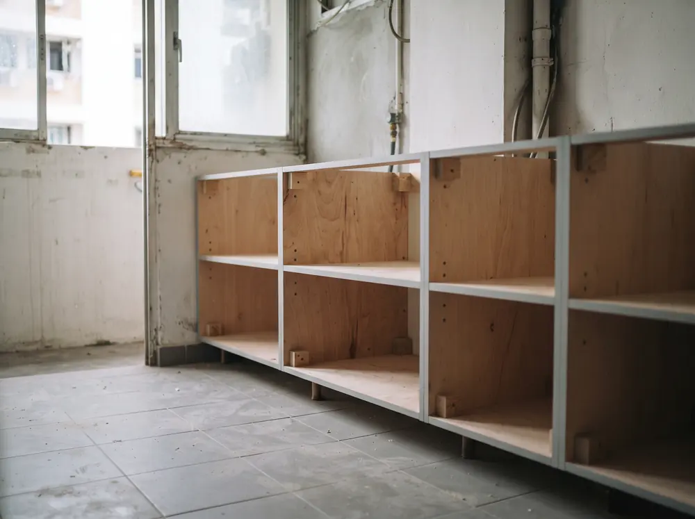 A run of kitchen base carcasses with visible edge banding