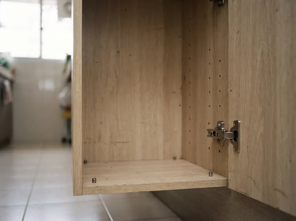 A carcass interior showing shelf pin holes and a soft close hinge