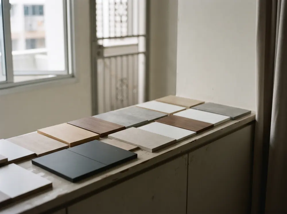 Laminate, veneer and melamine sample boards laid in a row on a bench