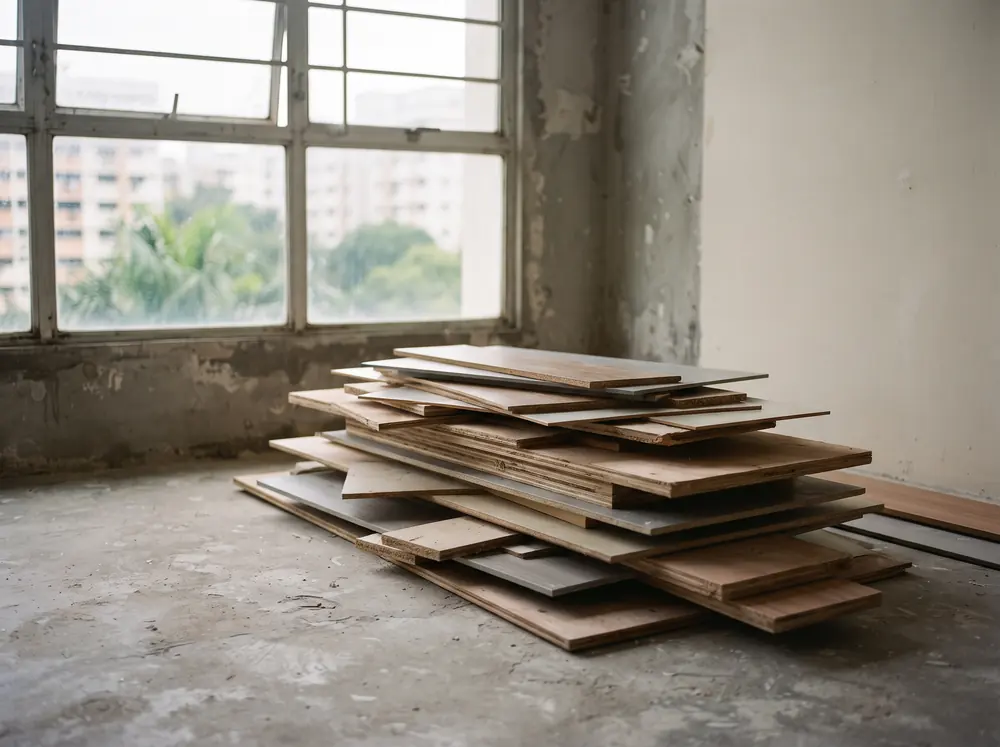 A stack of cut plywood and laminate offcuts on bare screed