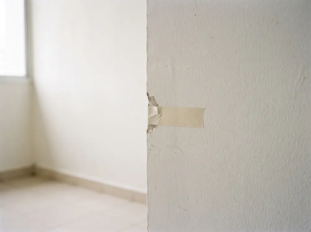 A strip of masking tape marking a chipped edge on a plastered wall
