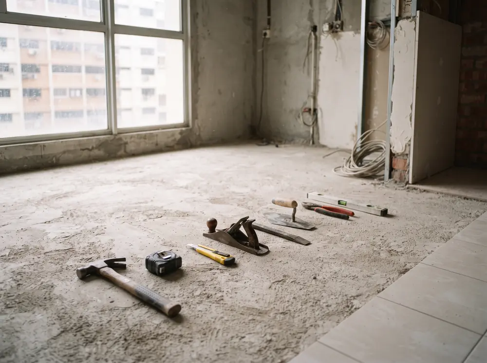 Hand tools of several trades laid in a row on bare screed