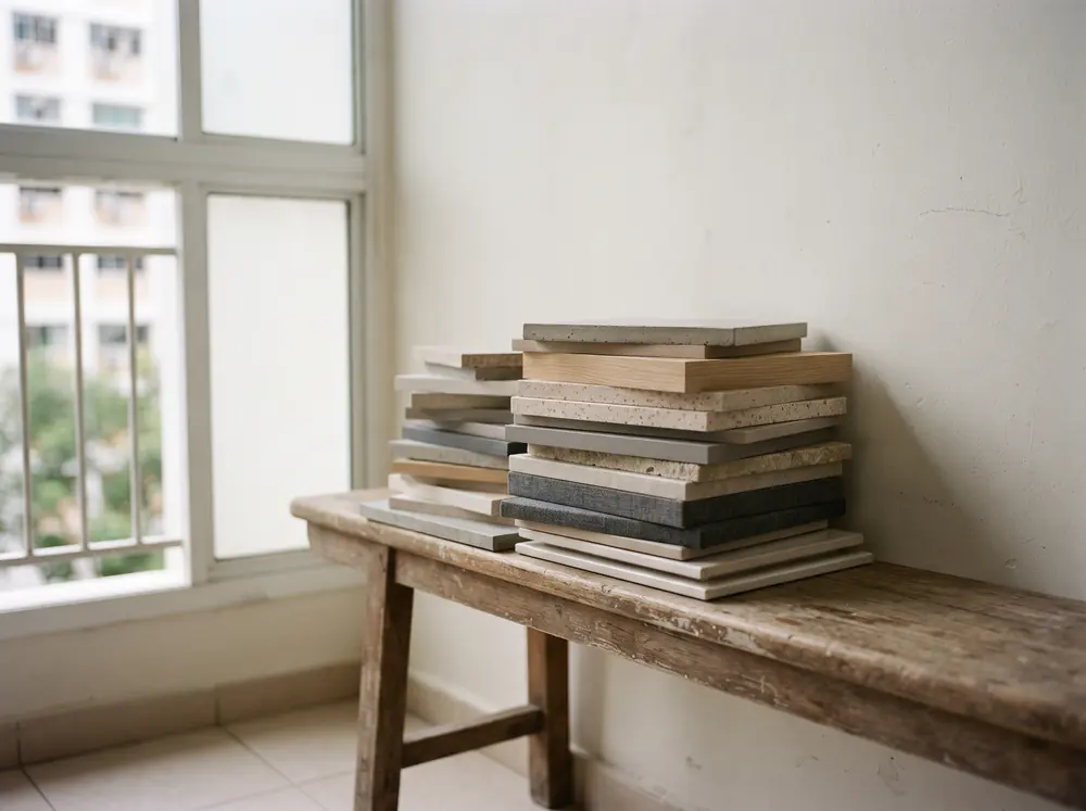 Material sample boards stacked on a bench